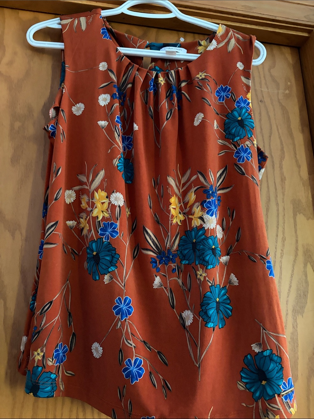 Calvin Klein Rust Floral Sleeveless Top with Teal & Blue Blooms
